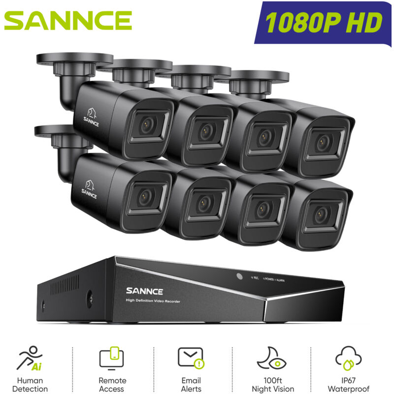 Sannce - Sistema di Sicurezza Cablato Esterni 1080P 16CH 8 Telecamere Accesso Remoto Visione Notturna Kit di Videosorveglianza