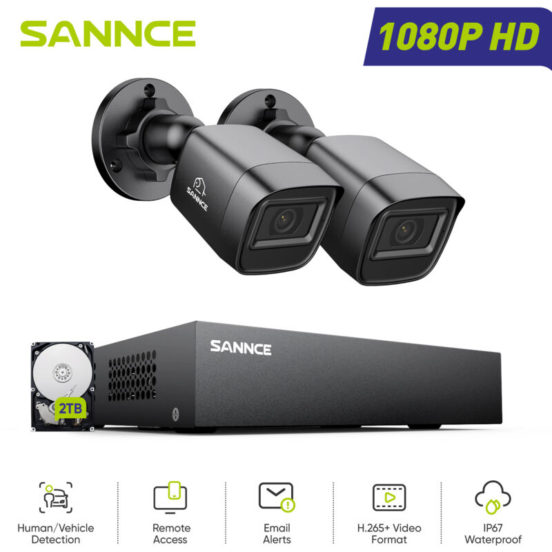Système de sécurité filaire extérieur 1080P 8 canaux 2 caméras,Détection Mouvement Vision Nocturne Kit de Vidéosurveillance,2TB hdd - Sannce