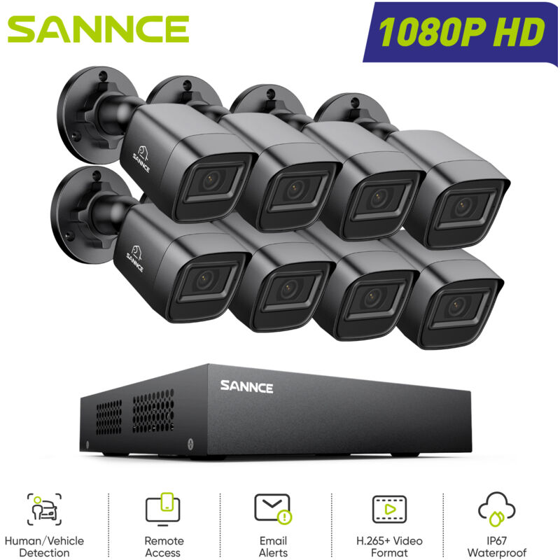 Sannce - Système de sécurité filaire extérieur 1080P 8 canaux 8 caméras,Vision Nocturne Accès à Distance Kit de Vidéosurveillance
