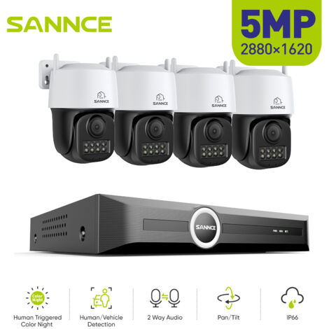 SANNCE Système de sécurité PoE 4 canaux 5MP, caméras IP PT, S+265, détection IA des humains et des véhicules, lecture intelligente, notification intelligente avec image jointe