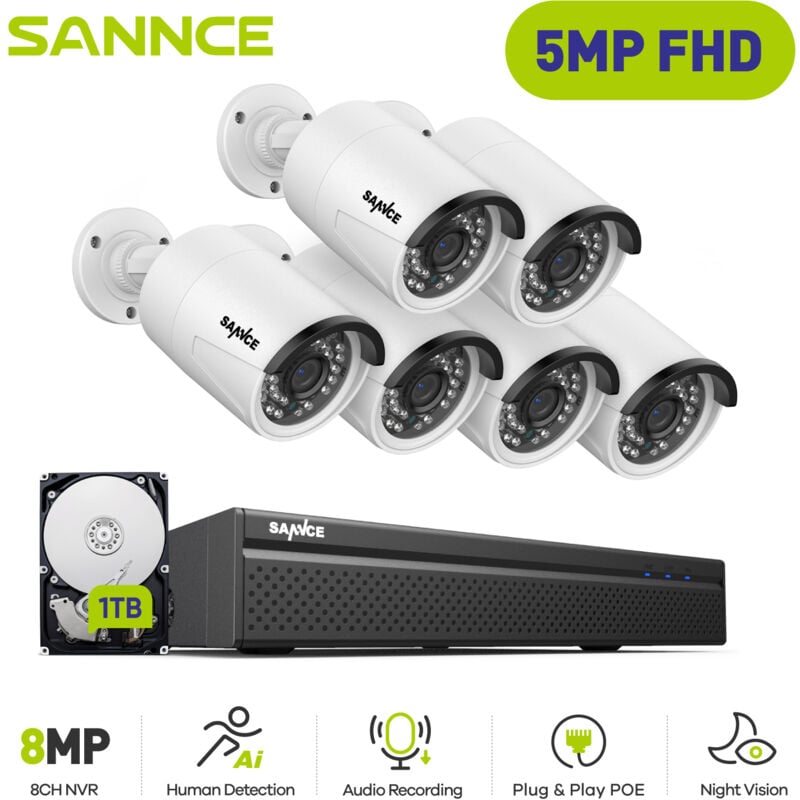 5MP Kit de vidéosurveillance poe nvr avec 6 Caméras Smart ir night vision détection humaine caméra de surveillance extérieure - 1TB - Sannce