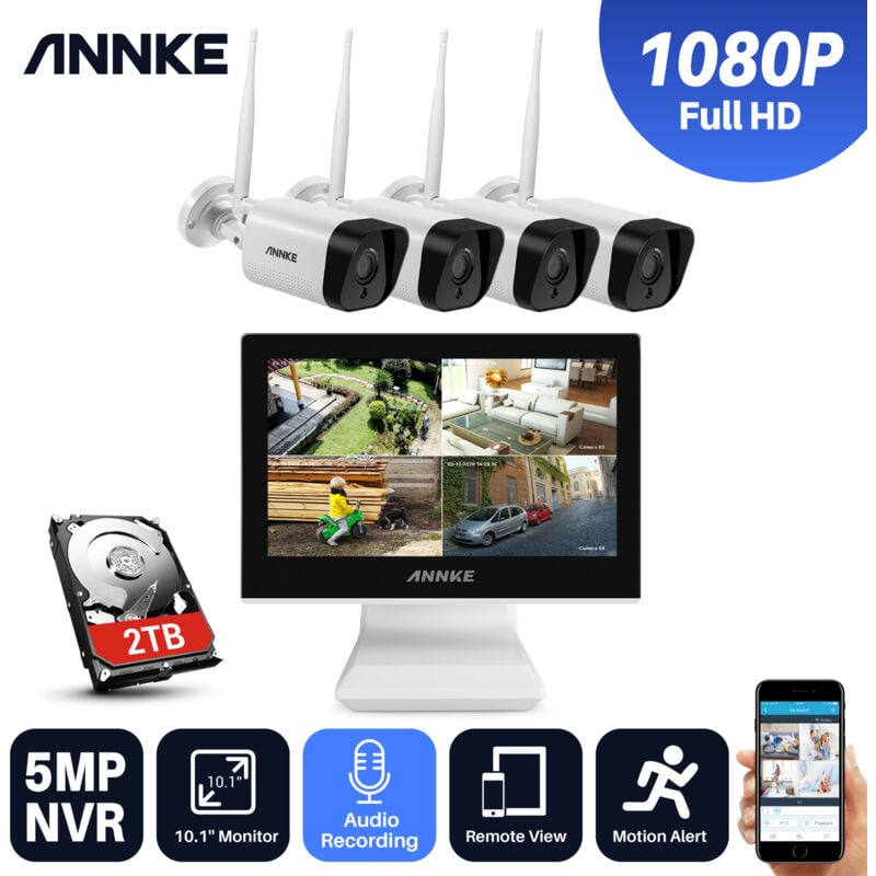 Annke Système de vidéosurveillance nvr Wi-Fi 8CH 1080P fhd avec écran lcd de 12 pouces, économiseur d'écran automatique, 4 × 1080P caméras ip bullet