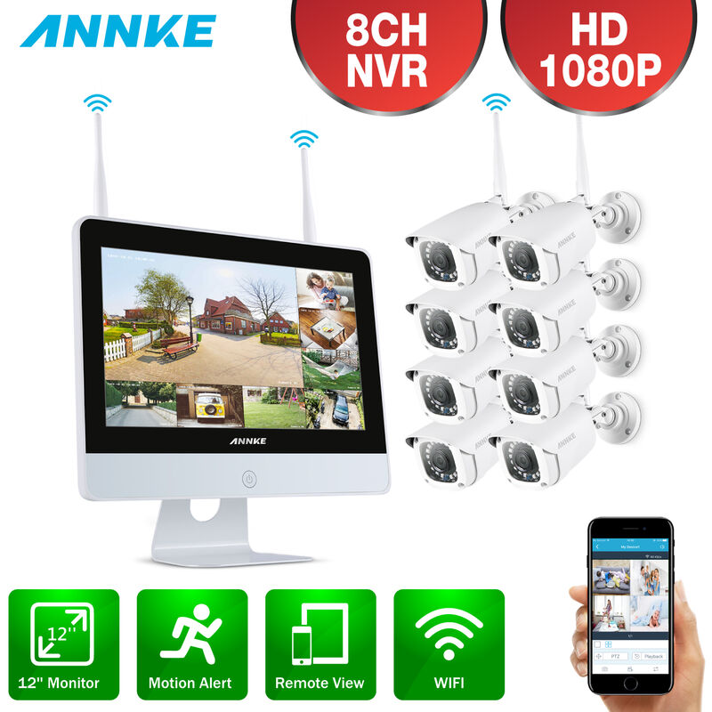 Annke - Système de vidéosurveillance nvr Wi-Fi 8CH 1080P fhd avec écran lcd de 12 pouces, économiseur d'écran automatique, 8 × 1080P caméras ip