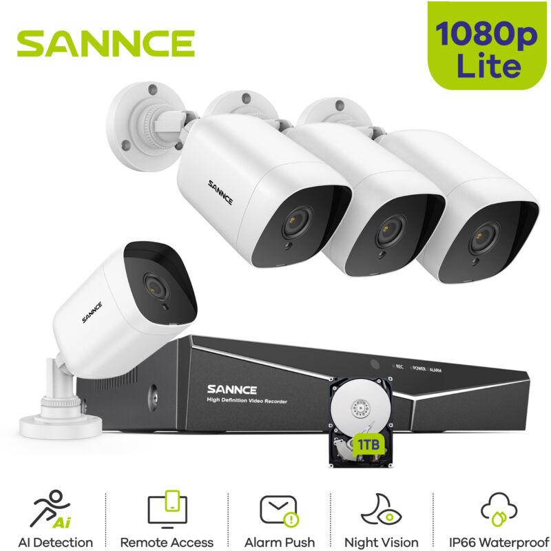 

SANNCE video de vigilancia 4CH TVI DVR grabadora + 4 cámara HD 720P exterior visión nocturna de 20m – disco duro de 1 TB