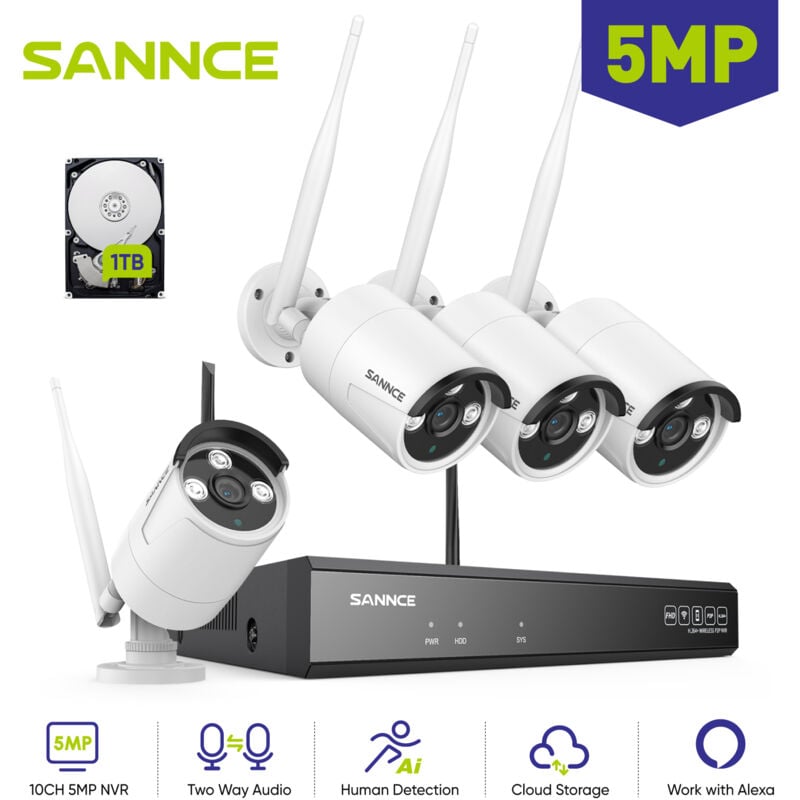 Sannce - 5MP Kit Caméra de Surveillance WiFi nvr 4×Caméras Vision Nocturne Interphone Bidirectionnel Sans fil cctv Système de Sécurité Vidéo 1TB