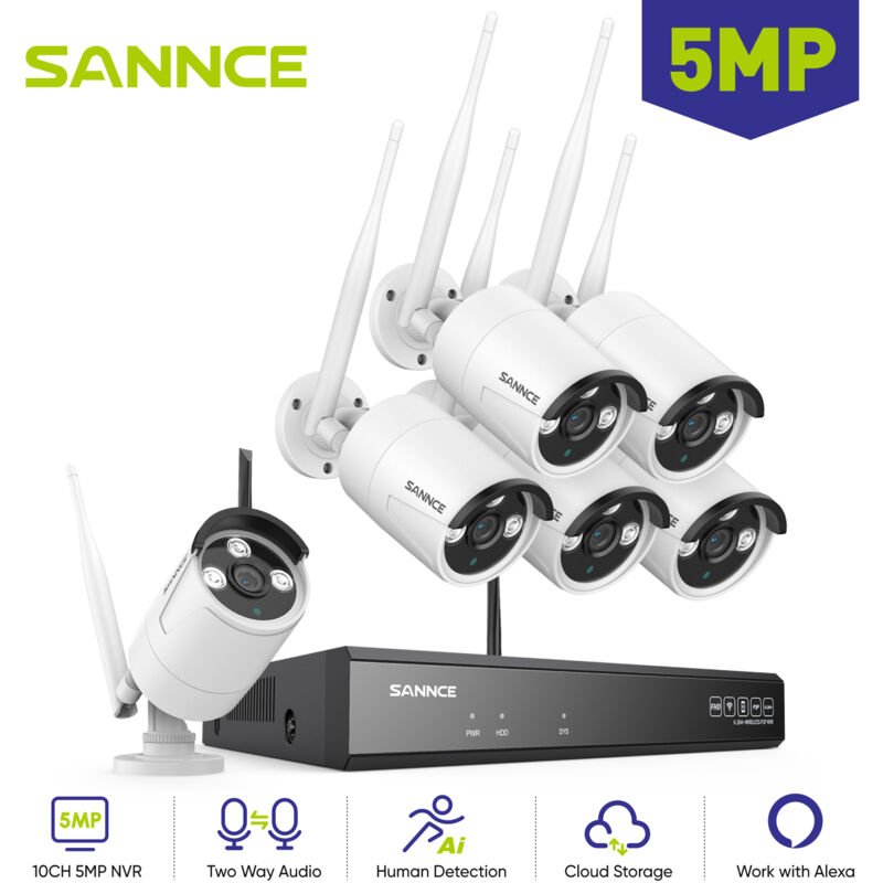 Sannce - wifi Kit de vidéosurveillance 5MP nvr 6Caméras Smart ir Vision Nocturne Interphone Bidirectionnel Sans fil cctv Sécurité de Système