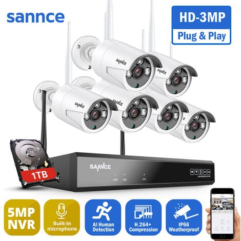 SANNCE WiFi Kit de Vidéosurveillance Vision Nocturne Détection Mouvement Sans Fil 6Caméras - 1TB HDD