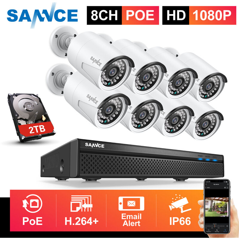 

Sistema de seguridad de video en red PoE 1080P FHD, vigilancia NVR 8CH 5MP con compresión de video H.264 + cámaras resistentes a la intemperie