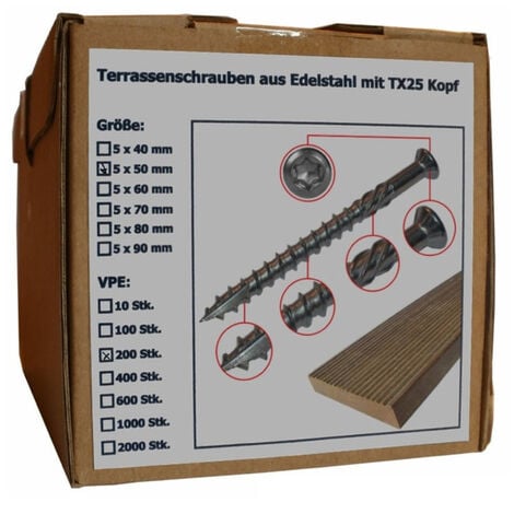 Sanpro Terrassenschraube aus Edelstahl mit Torx Kopf, Größe 5 x 50 mm, Anzahl 200 Stück (PACK à 200 STÜCK)