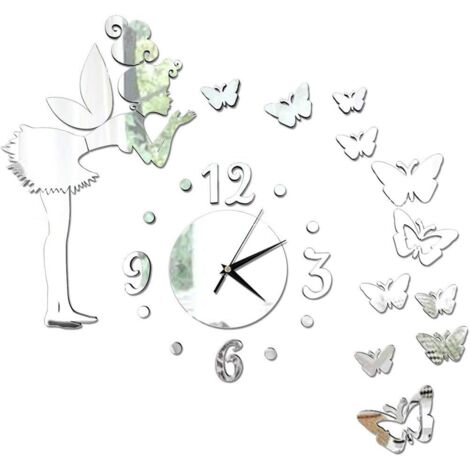 Sans Cadre Horloge Murale, Creative Horloge Murale, 3D Sticker Mural, Stickers Muraux DIY, Papillon Miroir Stickers, Décoration Miroir Acrylique, Décoration Mode (Argent)-Fei Yu