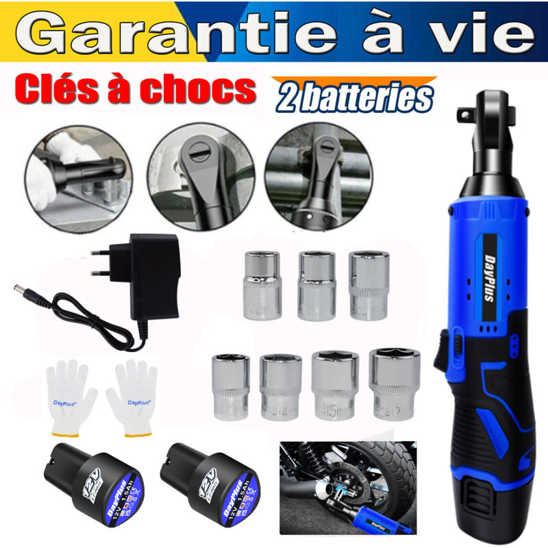 Sans Fil 12V Clé à Cliquet électrique 120Nm 3/8 Pouces Kit de Cliquet 2 Batterie