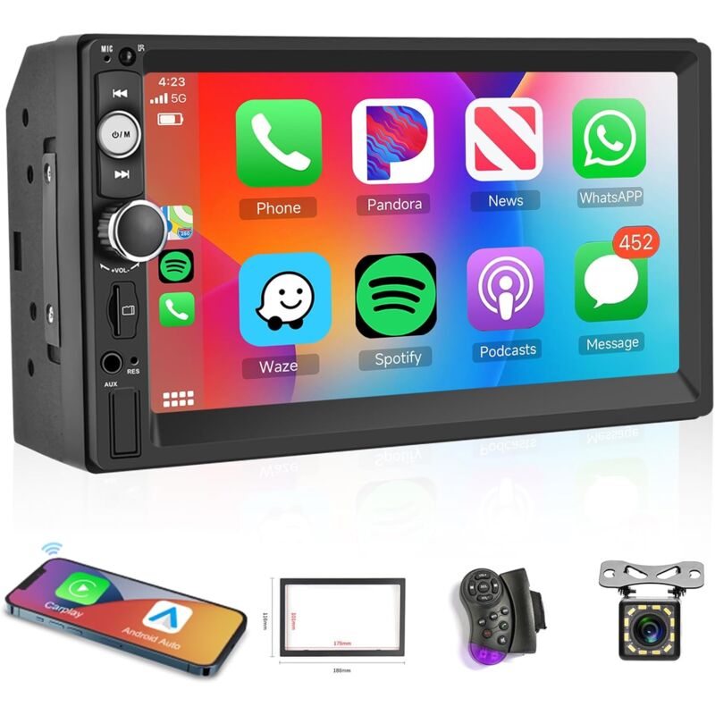 sans Fil Carplay Android Autoradio 2 Din, 7 Pouces HD Écran Poste Radio Voiture Bluetooth/Mirror Link/USB/AUX/FM Radio+Caméra De Recul