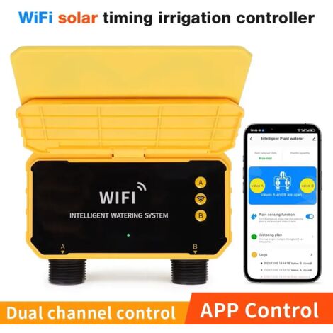 (Sans Wi-Fi) Minuteur d'arrosage solaire Wi-Fi avec application Smart Life, contrôle automatique de l'eau pour jardin, double zone avec capteur de pluie et robinet de commande.