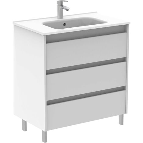 SANSA - ROYO Ensemble de meubles de salle de bains compacts à 3 tiroirs Couleur : Blanc brillant - Options : Ensemble complet - Dimensions : 80 cm