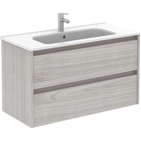 SANSA - ROYO Ensemble meuble de salle de bain compact 2 tiroirs - ROYO Couleur : Gris sablé - Options : Meuble + Lavabo - Dimensions : 100 cm