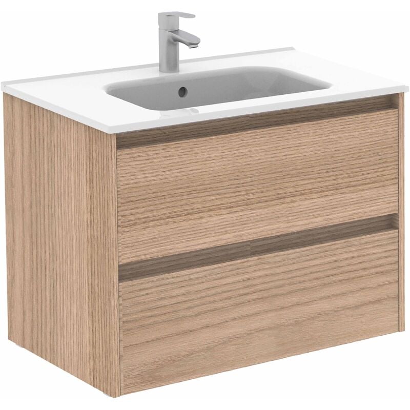 Sansa Royo Ensemble meuble de salle de bain compact 2 tiroirs Royo Couleur : Noyer poncé - Options : Meuble + Lavabo - Dim. : 80 cm