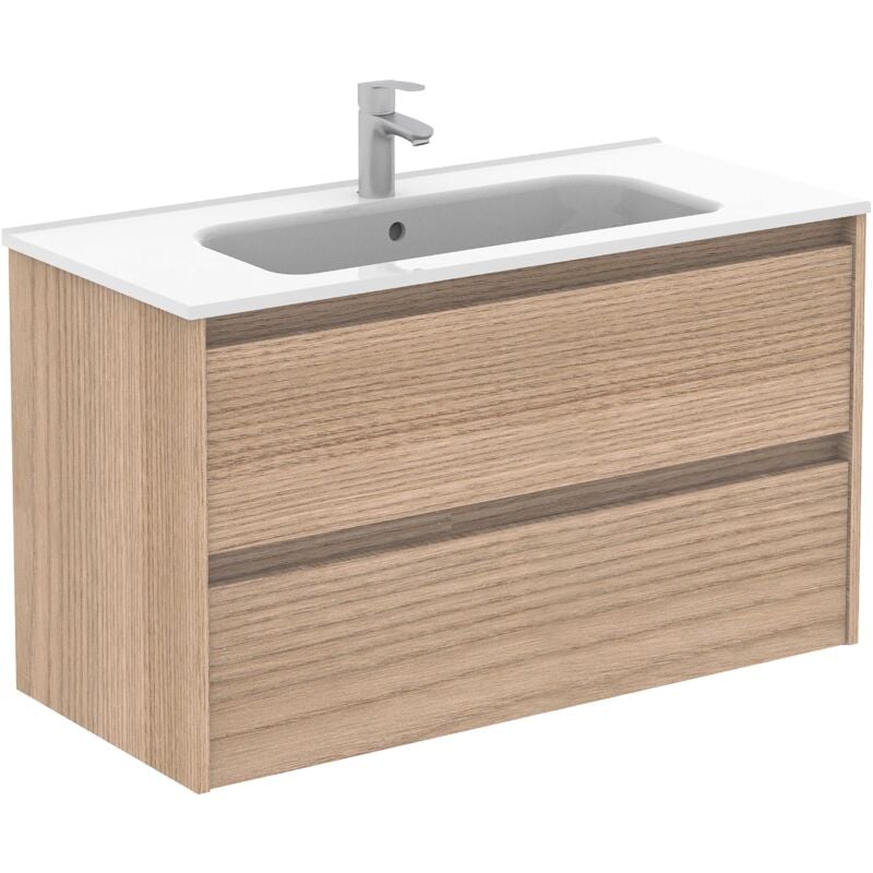 Royo - sansa Ensemble meuble de salle de bain compact 2 tiroirs Couleur : Noyer sablé - Options : Meuble + Lavabo - Dim. : 100 cm
