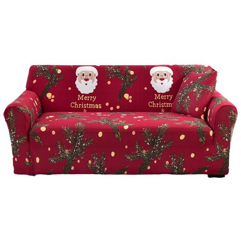 Santa Claus Cedar Branch Elastic Sofa Cover, Red Sofa Cover for Christmas Themed Living Room, Suitable for 3 Seater