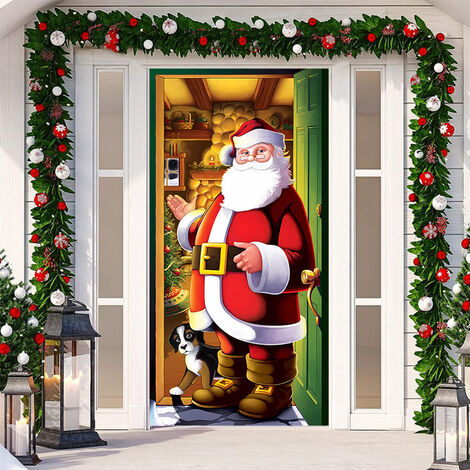 Santa Claus Door Cover Christmas Outdoor Decorations Hanging Cloth Door Cover New Year Party Decoration for Winter Holiday Decoration Front Door Home(200CM ×90CM)