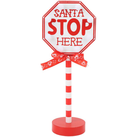 Santa Stop Here Pole Sign Wooden Xmas Desktop Decoration with LED Warm Light Gift