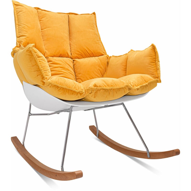 Santiago - Fauteuil à bascule design en pp et bois de pin. Chaise à bascule avec coussin rembourré et matelassé en velours jaune delia