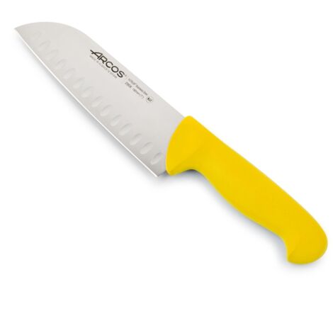 Santokumesser Arcos 2900 - Prof  290600 mit Nitrumtaschen aus Edelstahl und ergonomischem gelbem Polypropylen mango und 18 cm Klinge, Vitrine.