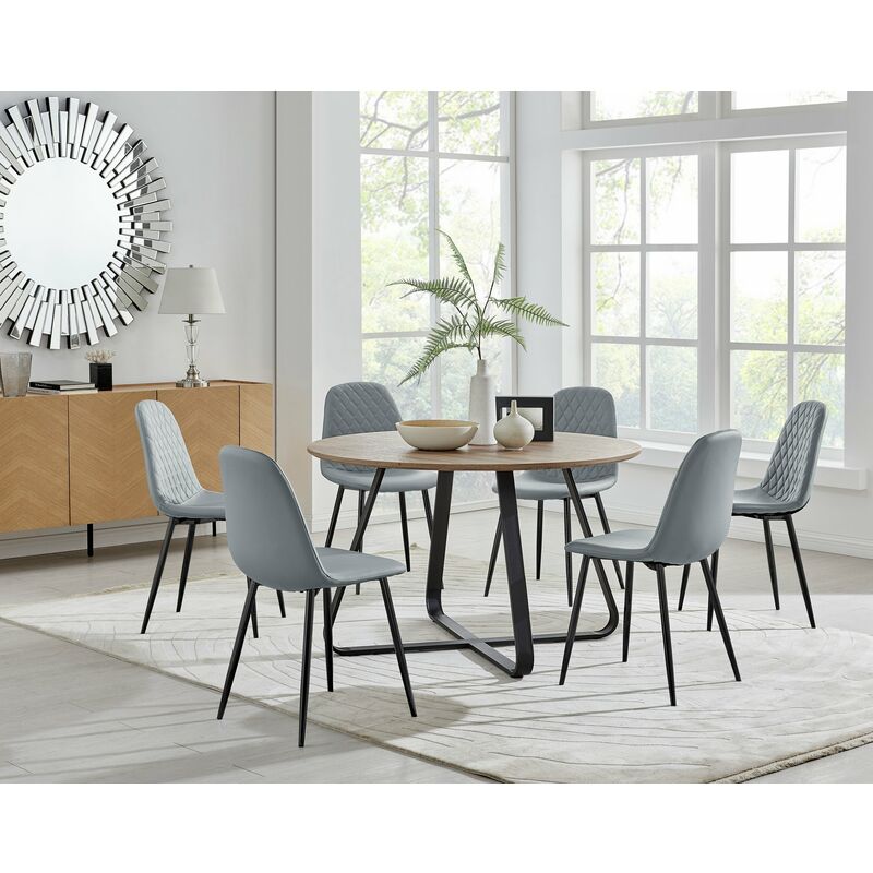 Santorini Brown Round Dining Table And 6 Grey Corona Faux Leather Dining Chairs with Black Legs Diamond Stitch - Elephant Grey