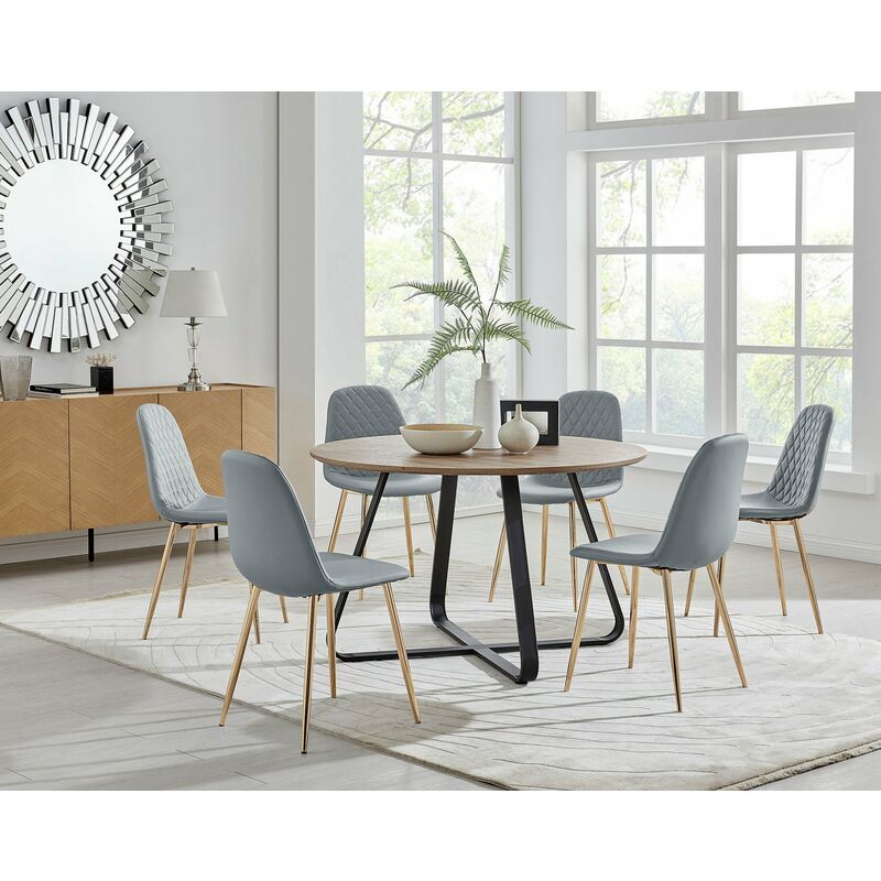 Santorini Brown Round Dining Table And 6 Grey Corona Faux Leather Dining Chairs with Gold Legs Diamond Stitch - Elephant Grey
