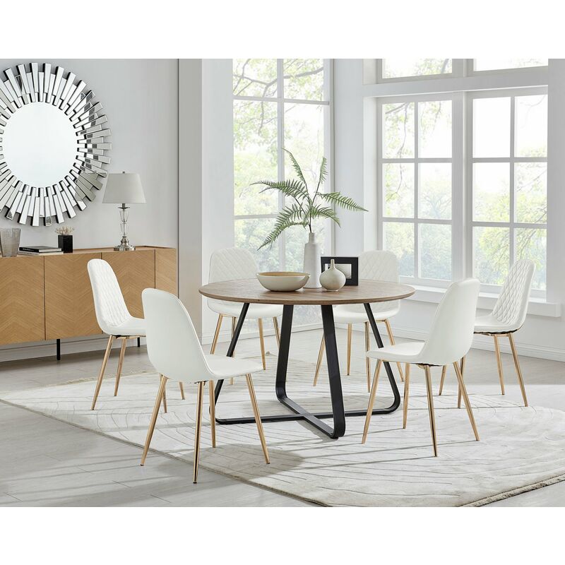 Santorini Brown Round Dining Table And 6 White Corona Faux Leather Dining Chairs with Gold Legs Diamond Stitch - White