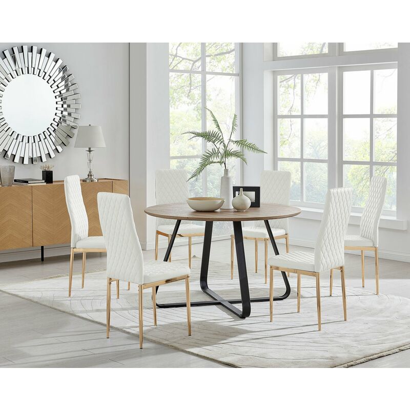 Santorini Brown Round Dining Table And 6 White Gold Leg Milan Chairs - White