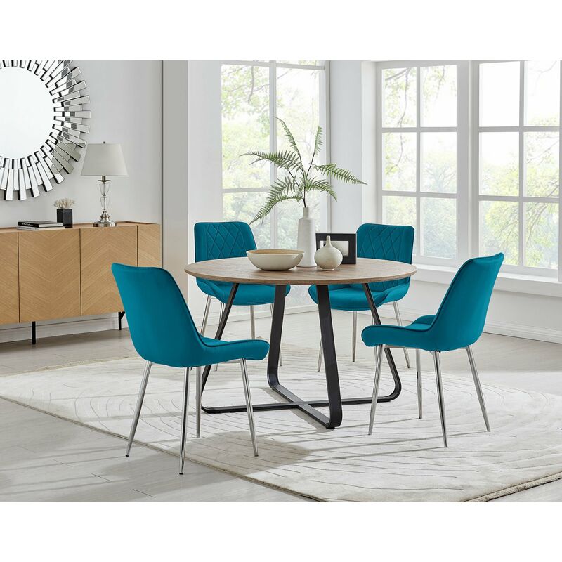 Santorini Brown Round Dining Table And 4 Blue Pesaro Silver Leg Chairs - Blue