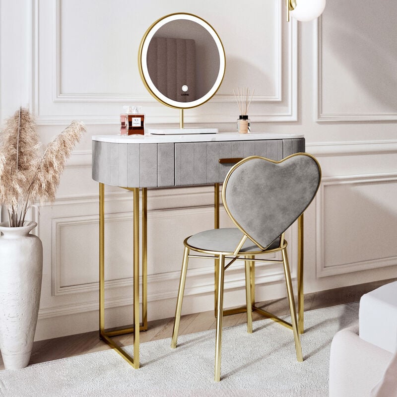 Carme Home - Santorini Dream Velvet Dressing Table with LED Touch Sensor Mirror in Dove Grey