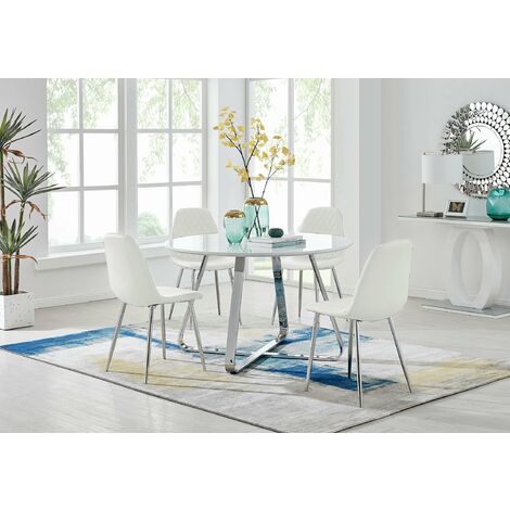 main image of "Santorini White Wood Contemporary Round Dining Table And 4 Corona Silver Chairs"