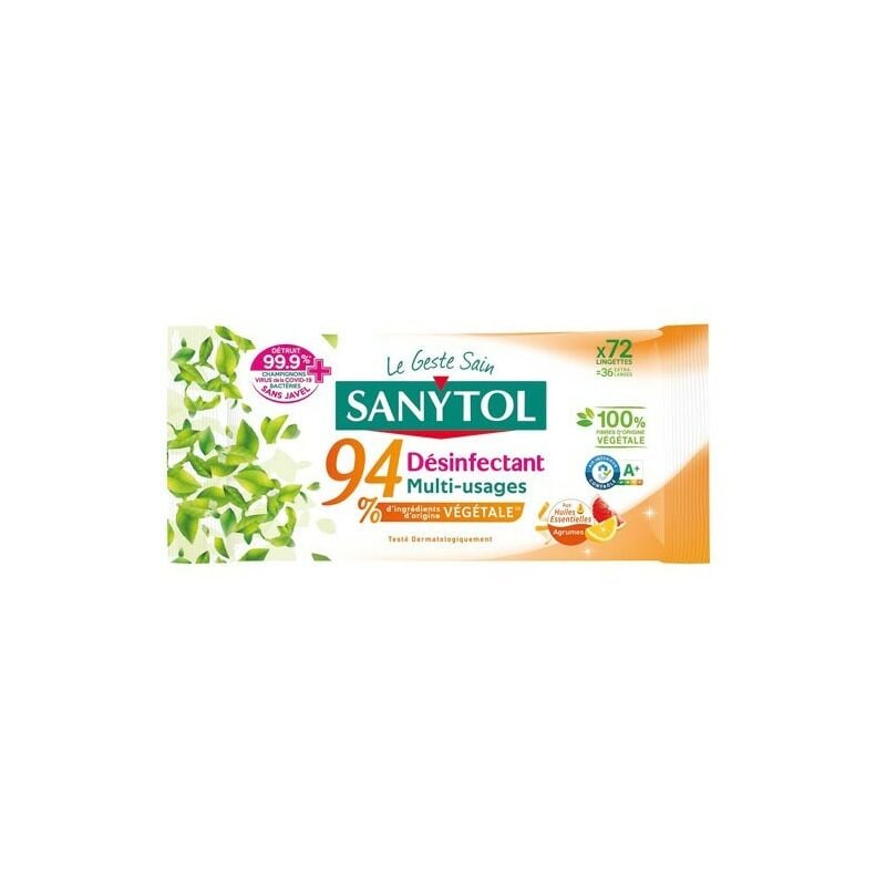 Sanytol - Lingettes désinfectantes agrumes (lot de 72)