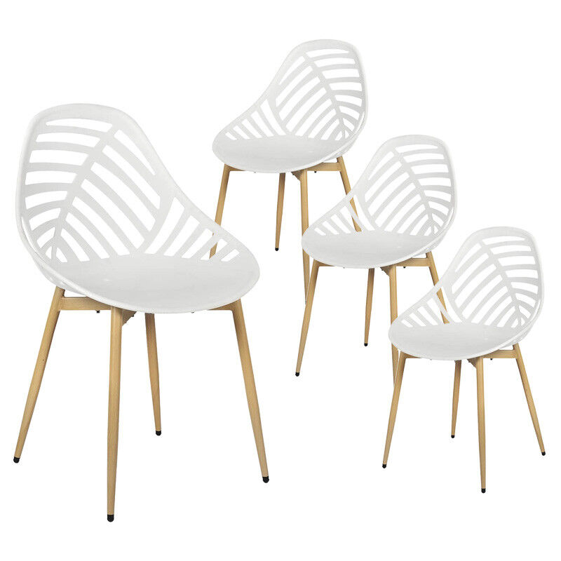 Saori - Lot de 4 Chaises de Jardin Coque Plastique Ajourée Blanc Pieds Métal