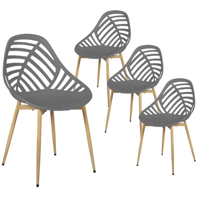 saori - lot de 4 chaises de jardin coque plastique ajourée gris pieds métal - gris