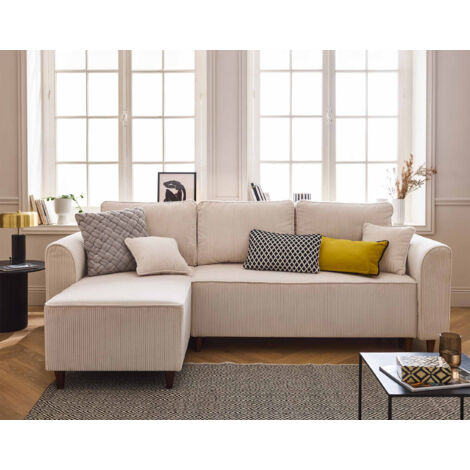 Saphir - 4-sitzer ecksofa beidseitig montierbar - schlaffunktion und bettkasten - cord - beige