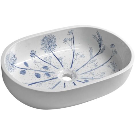 Sapho Priori - Cuenco de lavabo 60x40 cm, sin rebosadero, sin orificio para grifo, blanco/diseňo azul PI029