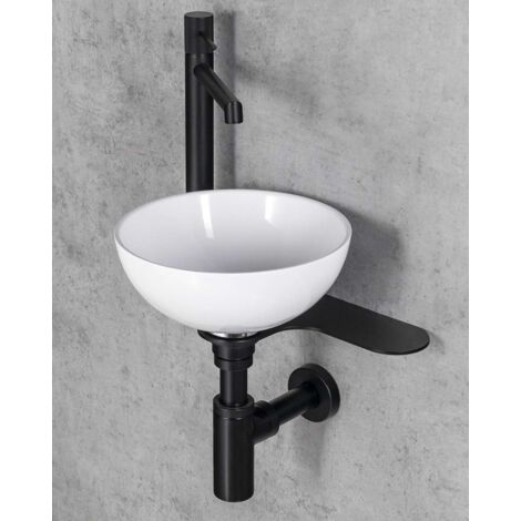Sapho Tetris - Set lavabo e supporto, diametro 26 cm, senza troppopieno, ClickClack, bianco/nero opaco TZ424-01