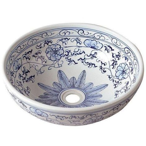Sapho – Vasque à poser ronde 420 mm en céramique blanche avec motif bleu – Installation sur plan de travail ou sous-meuble – PI012