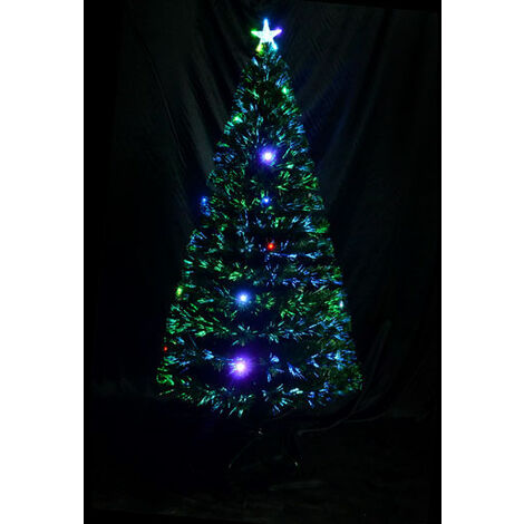 Sapin de Noël artificiel lumineux fibre optique LED multicolore + support pied Ø 60 x 120H cm 130 branches étoile sommet brillante vert
