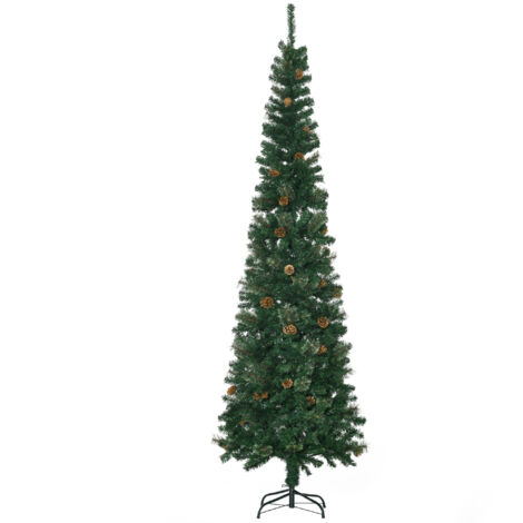 Sapin de Noël 225 cm de 706 branches Crayon étroit en forme de crayon avec 56 pommes de pin Base pliable verte