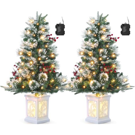 Sapin de Noël arctique floqué en pot de qualité supérieure pré-éclairé de 90cm(3ft) avec LED blanche alimentée par batterie à 8 modes, mini sapin de Noël artificiel pré-éclairé-2PCS