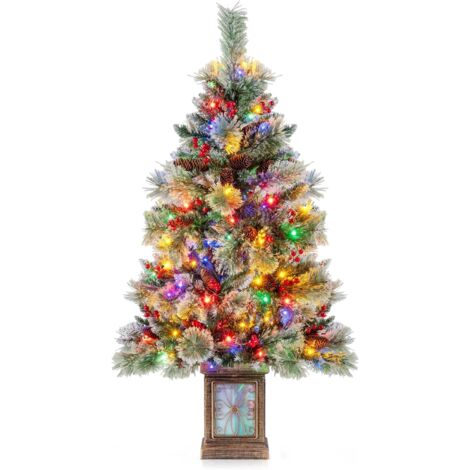 Sapin de Noël artificiel, 1,2 m de haut, avec 100 LED, 11 modes de clignotement, 4 niveaux de luminosité et télécommande (vert + pommes de pin et baies rouges, 60 x 60 x 120 cm)