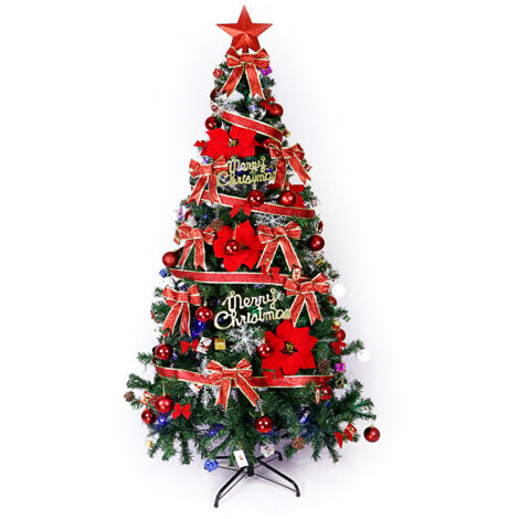 Sapin de Noël Artificiel 210CM, 1100 Branches, Matériel PVC Arbre de Noël, Avec ceinture décorative rouge, avec Socle en Métal, Décoration de Noël