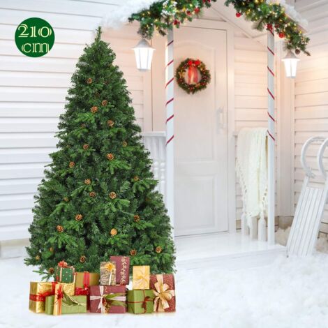 Sapin de Noël Artificiel  Arbre de Noël 210 cm 61 Pommes de Pin Lumières LED Pied Métal PVC PE CW88596