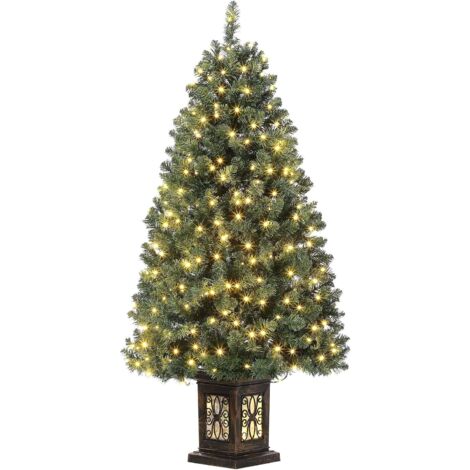 Sapin de Noël artificiel de 145 cm avec 300 éclairages, sapin de Noël pré-éclairé blanc chaud 8 modes avec pot lumineux vintage, décoration de Noël pour réunions de famille, bureaux et couloirs