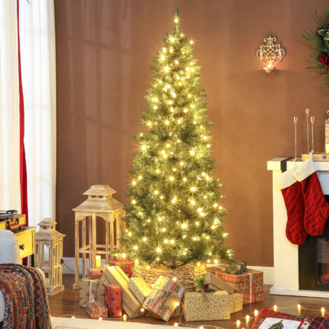 Sapin de Noël artificiel de 180 cm, forme élancée, avec 250 lumières, 899 branches, structure métallique pliable, vert