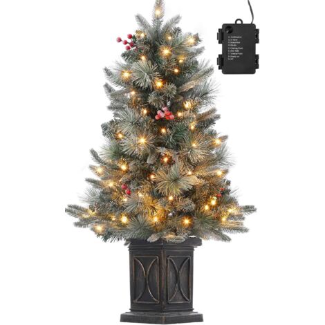 Sapin De Noël Artificiel 90 Cm Avec Lumières LED - Floqué Neige, Baies Rouges, Base Blanche, 8 Modes, Timer - 4