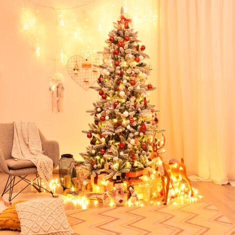Sapin de Noël Artificiel Enneigé Longiligne 210cm en PVC avec Pommes de Pin Blanches 1108 Branches et Pied en Fer Résistant